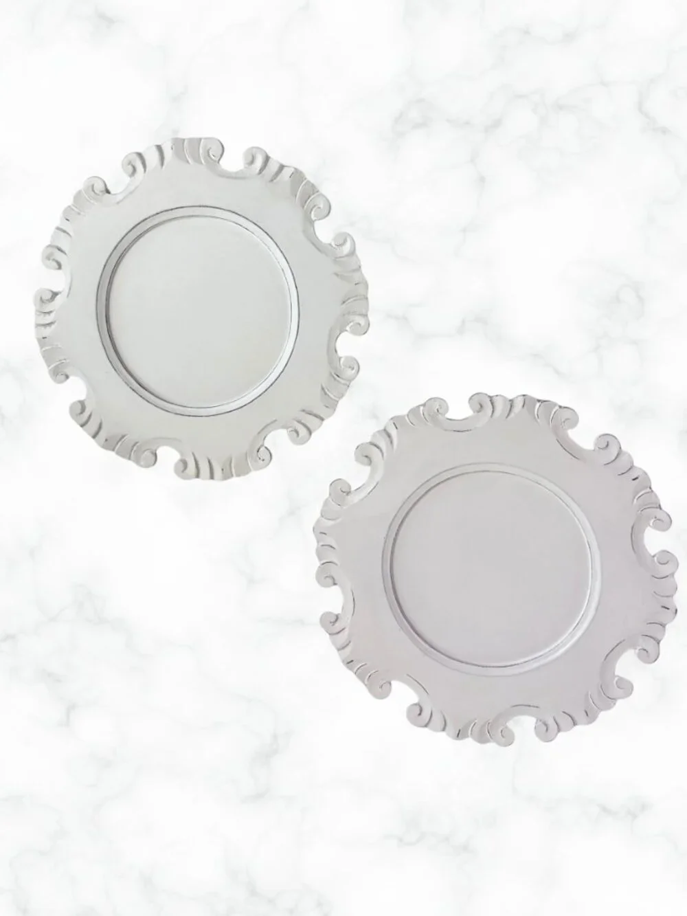 PIER 1 IMPORTS Set of 2 Distressed White Wood Scroll Charger Plates 13